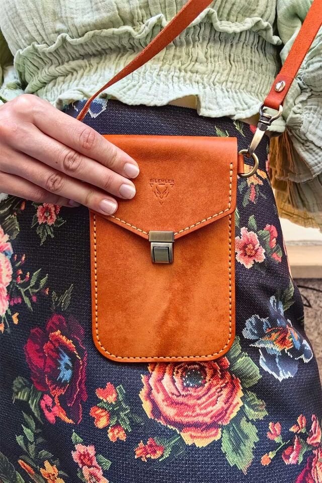 Deri Telefon Çantası Oranj