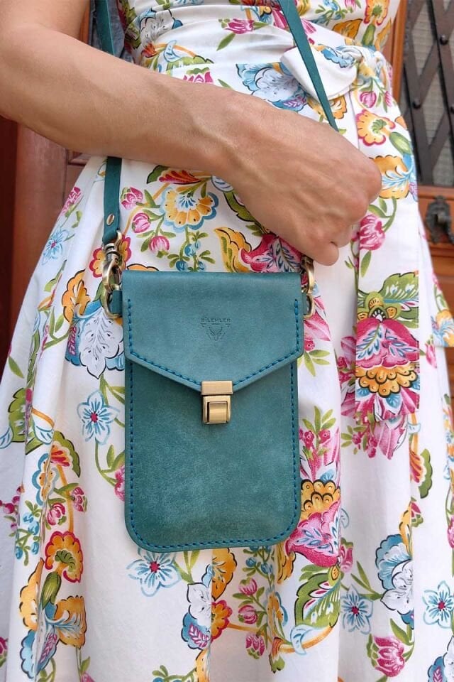 Deri Telefon Çantası Mavi